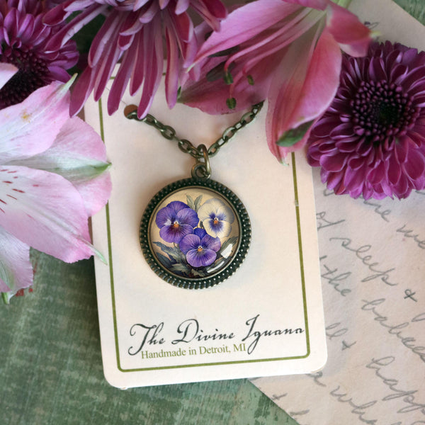 Purple Pansy Spring Flower Pendant Necklace