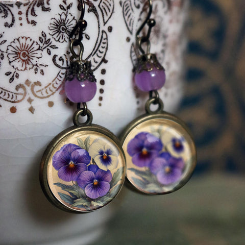 Purple Pansy Vintage Inspired Cottage Core Drop / Dangle Earrings