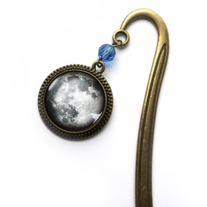 Full Moon Glass Cabochon Brass Book Hook / Bookmark