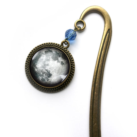 Full Moon Glass Cabochon Brass Book Hook / Bookmark