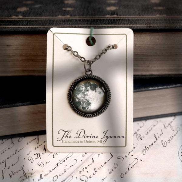 Blue Full Moon 20mm Bronze and Glass Cabochon Pendant Necklace