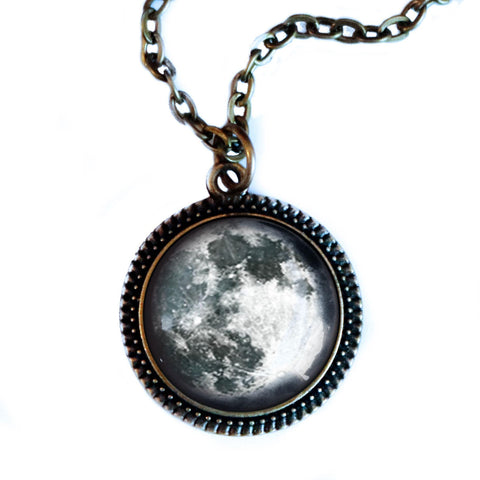 Blue Full Moon 20mm Bronze and Glass Cabochon Pendant Necklace