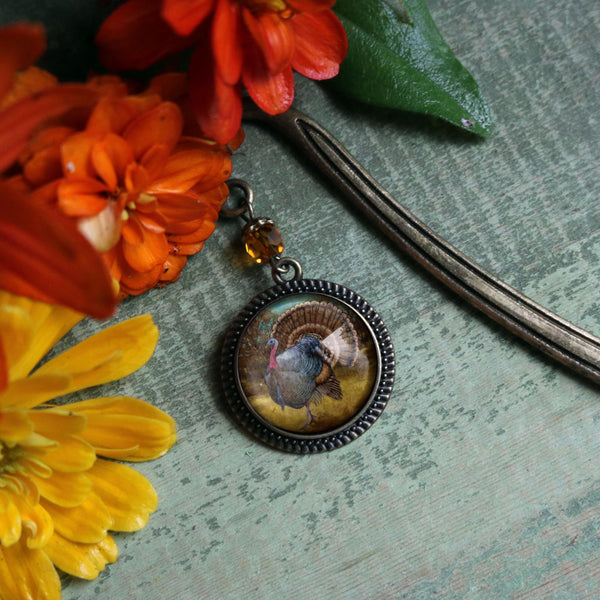 Traditional Thanksgiving Turkey Glass Cabochon Brass Book Hook / Bookmark