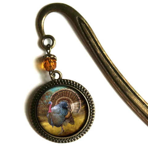 Traditional Thanksgiving Turkey Glass Cabochon Brass Book Hook / Bookmark