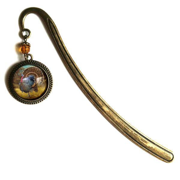 Traditional Thanksgiving Turkey Glass Cabochon Brass Book Hook / Bookmark