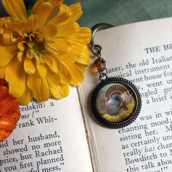 Traditional Thanksgiving Turkey Glass Cabochon Brass Book Hook / Bookmark