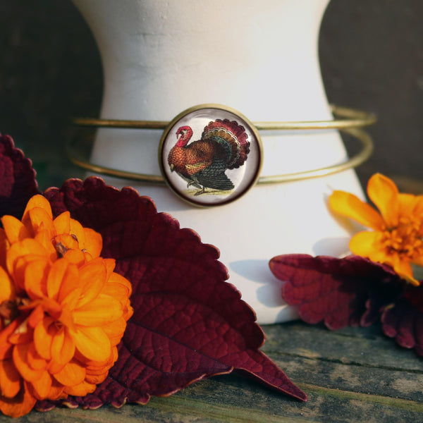 Thanksgiving Turkey Cuff Bracelet / Bangle in Antique Brass
