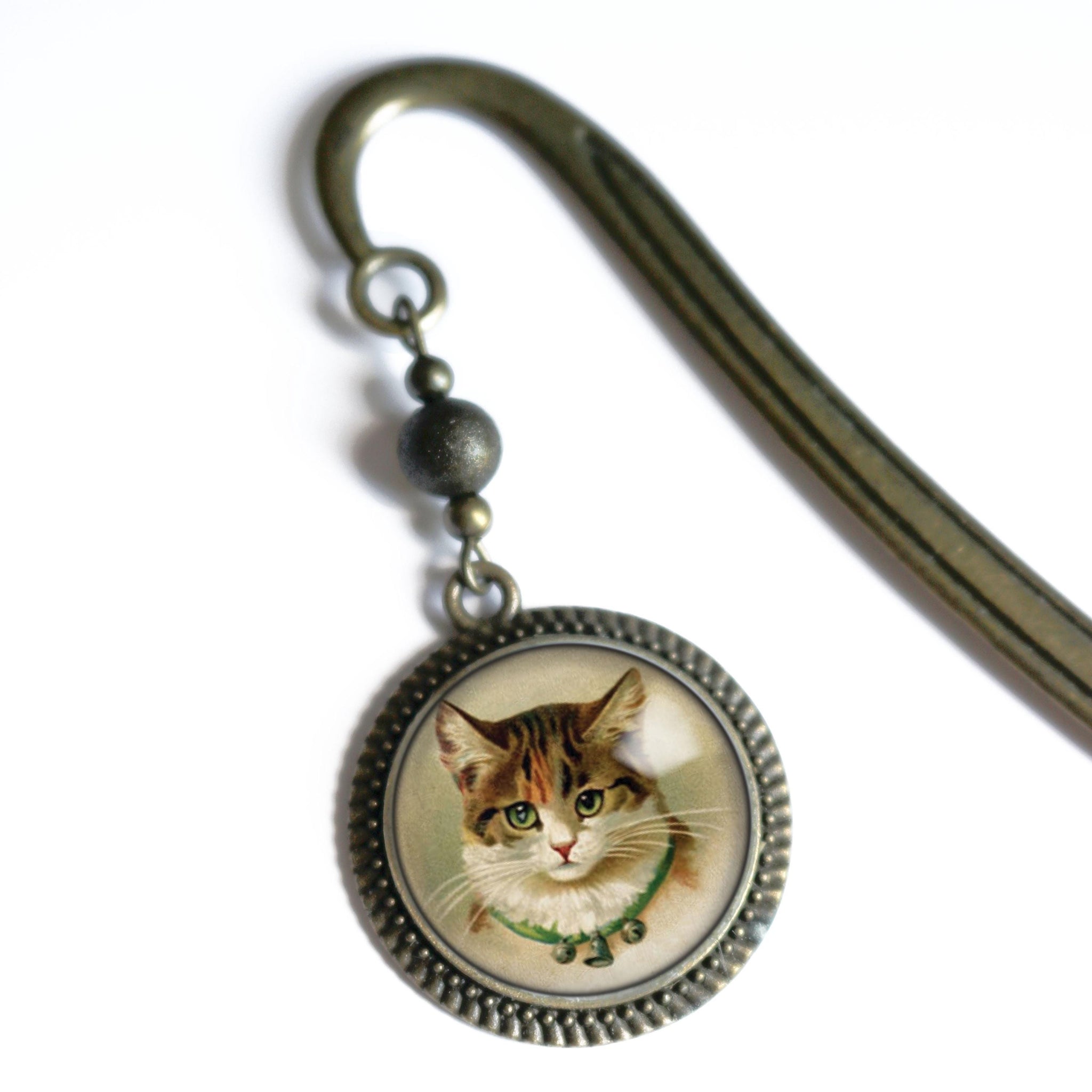 Victorian Calico Cat Glass Cabochon Brass Book Hook / Bookmark