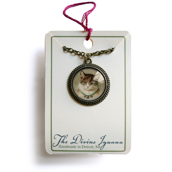 Victorian Calico Cat Pendant Necklace