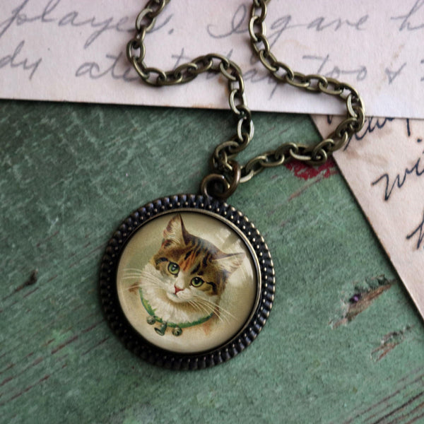 Victorian Calico Cat Pendant Necklace