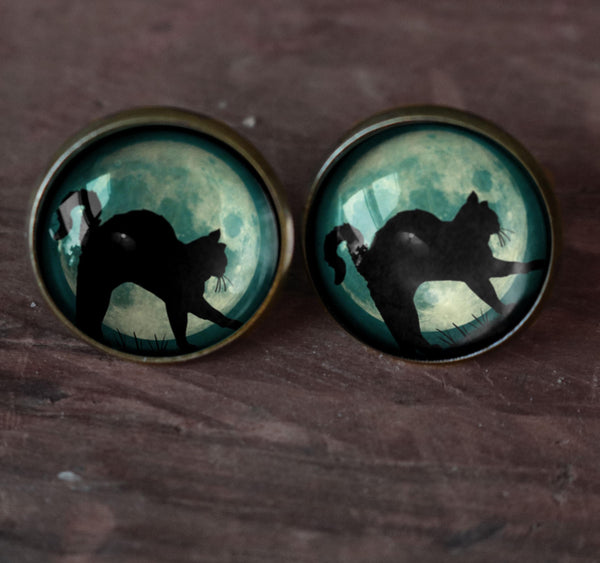 Black Cat on Blue Full Moon Glass Cabochon Stud Earrings