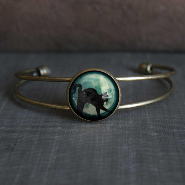 Black Cat on Blue Full Moon Goth / Halloween Cuff Bracelet with Glass Cabochon on Bronze