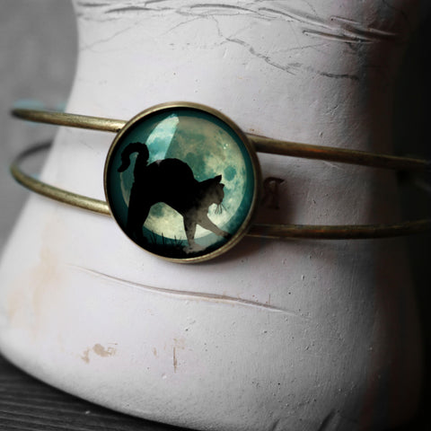 Black Cat on Blue Full Moon Goth / Halloween Cuff Bracelet with Glass Cabochon on Bronze