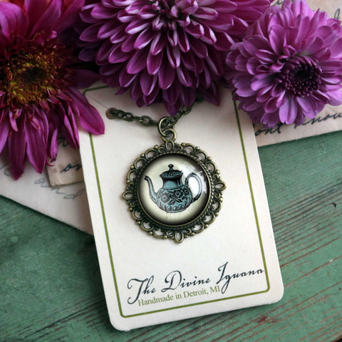 Blue Victorian Teapot Large Pendant Necklace in Ornate Frame