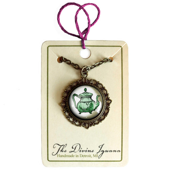 Green Victorian Teapot Large Pendant Necklace in Ornate Frame