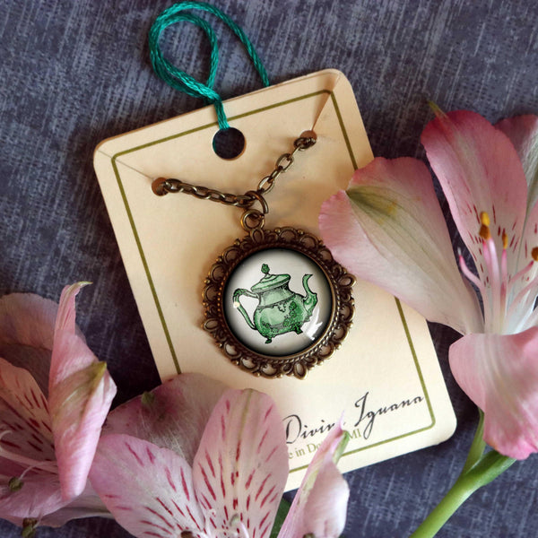Green Victorian Teapot Large Pendant Necklace in Ornate Frame