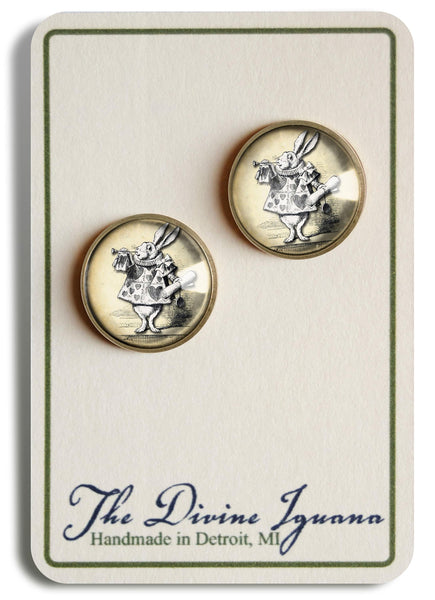 Alice in Wonderland John Tenniel White Rabbit Glass Cabochon Stud Earrings