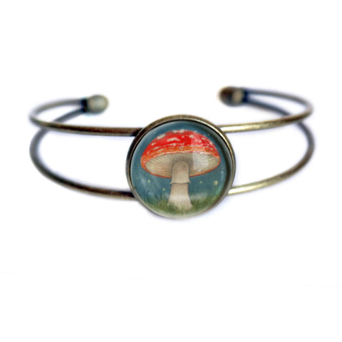 Amanita Mushrooms Brass and Glass Cabochon Wire Cuff Cottagecore Bracelet