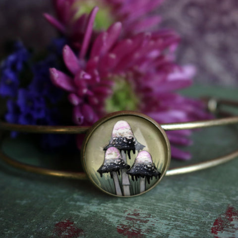 Inky Cap Mushrooms Brass and Glass Cabochon Wire Cuff Cottagecore Bracelet