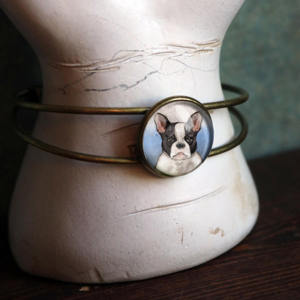 Best Friends French Bulldog Cuff Bracelet Antique Brass