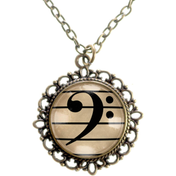 Bass Clef 20mm Ornate Musician's Pendant Necklace