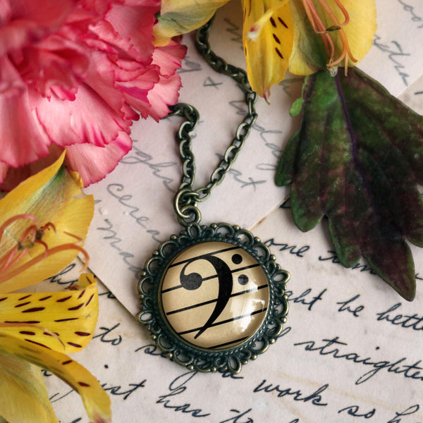 Bass Clef 20mm Ornate Musician's Pendant Necklace