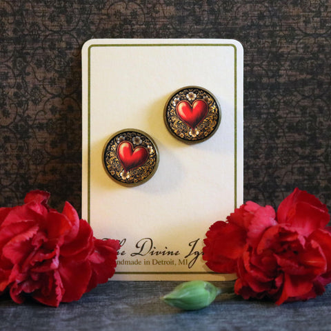 Ornate Heart Vintage Inspired Valentine's Day Stud Earrings