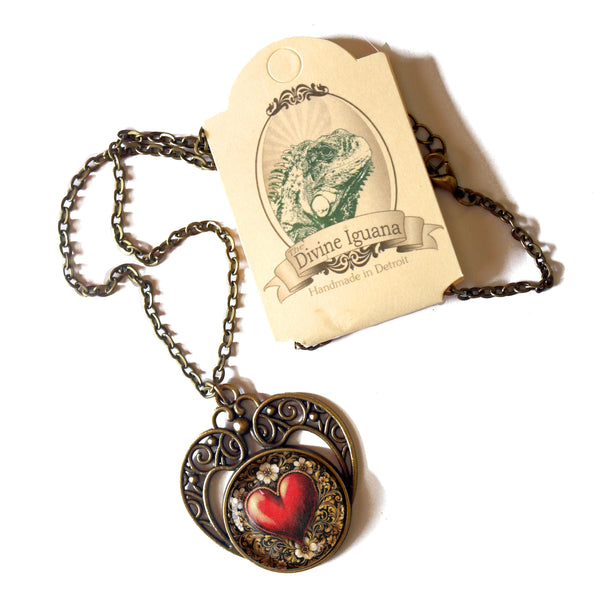 Ornate Heart Glass Cabochon Heart Shaped Valentine's Day Pendant Necklace