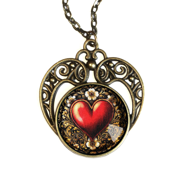 Ornate Heart Glass Cabochon Heart Shaped Valentine's Day Pendant Necklace