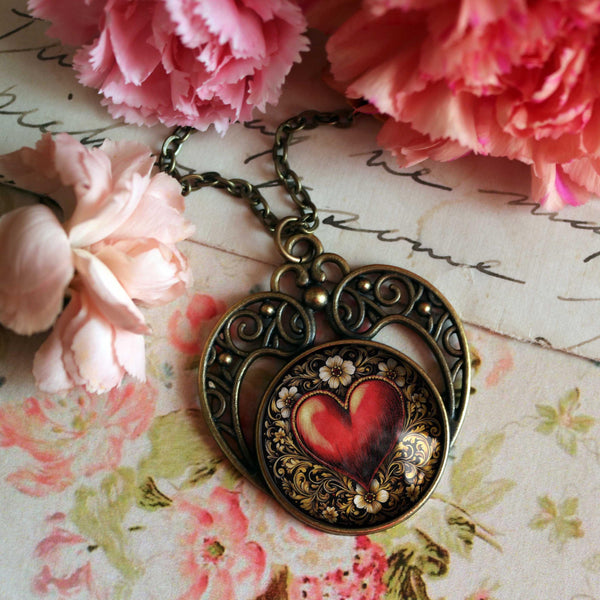 Ornate Heart Glass Cabochon Heart Shaped Valentine's Day Pendant Necklace
