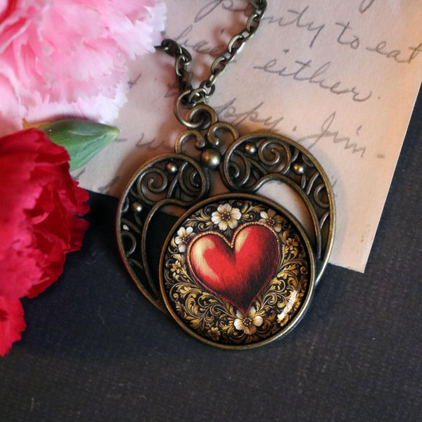 Ornate Heart Glass Cabochon Heart Shaped Valentine's Day Pendant Necklace