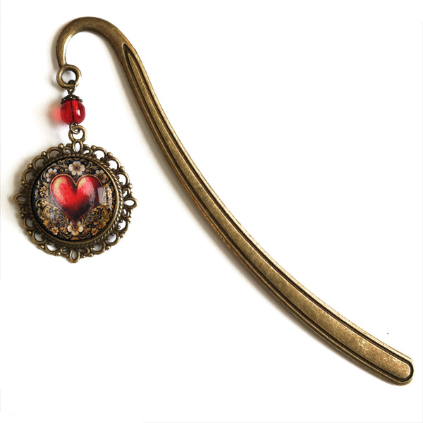 Ornate Heart Glass Cabochon Brass Book Hook / Bookmark