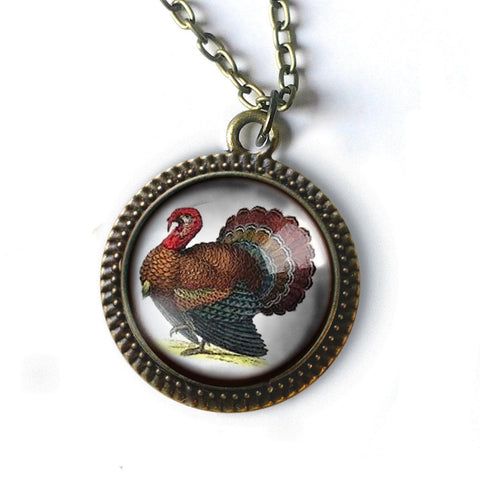 Victorian Turkey Thanksgiving 20mm Pendant Necklace in Antiqued Bronze Frame
