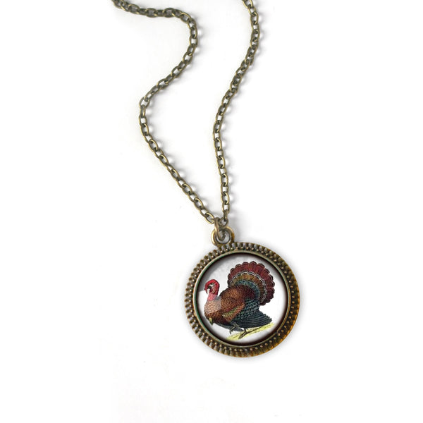 Victorian Turkey Thanksgiving 20mm Pendant Necklace in Antiqued Bronze Frame