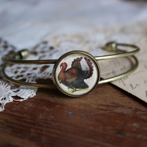 Thanksgiving Turkey Cuff Bracelet / Bangle in Antique Brass