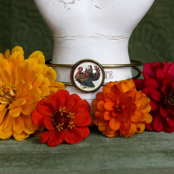 Thanksgiving Turkey Cuff Bracelet / Bangle in Antique Brass