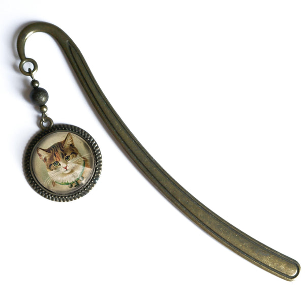 Victorian Calico Cat Glass Cabochon Brass Book Hook / Bookmark