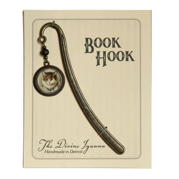 Victorian Calico Cat Glass Cabochon Brass Book Hook / Bookmark