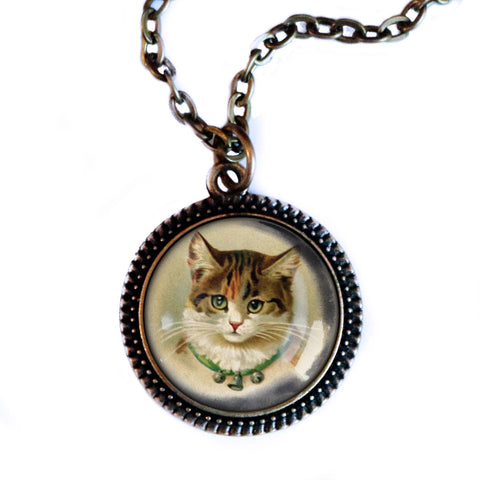 Victorian Calico Cat Pendant Necklace