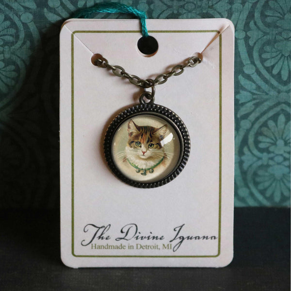 Victorian Calico Cat Pendant Necklace
