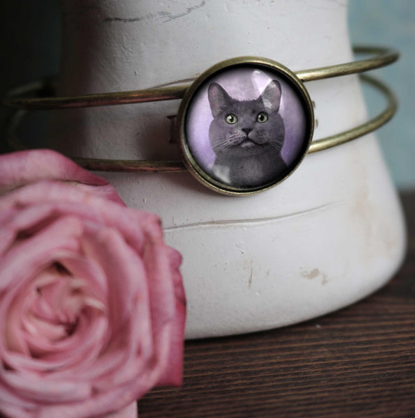 Russian Blue Cat Wire Cuff Bracelet
