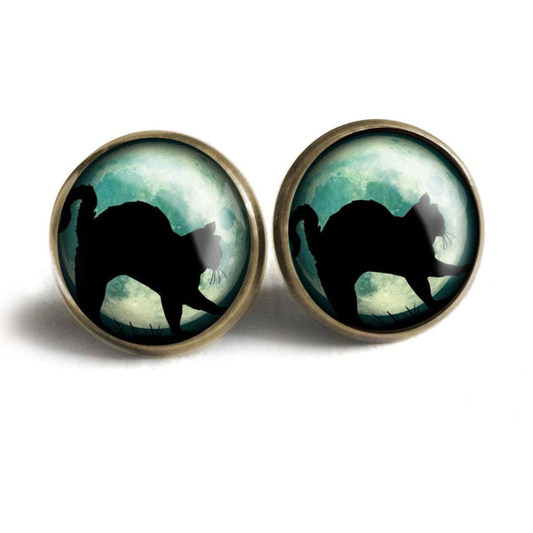 Black Cat on Blue Full Moon Glass Cabochon Stud Earrings