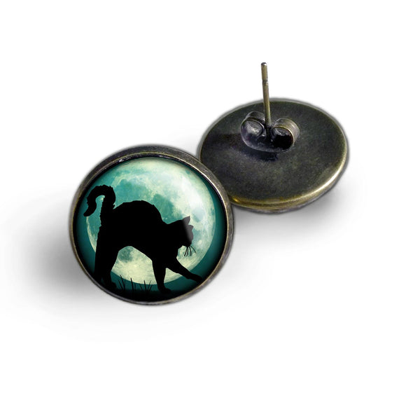 Black Cat on Blue Full Moon Glass Cabochon Stud Earrings