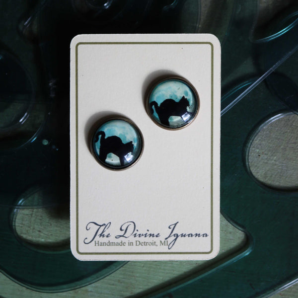 Black Cat on Blue Full Moon Glass Cabochon Stud Earrings