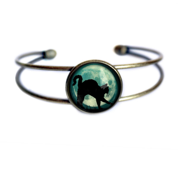 Black Cat on Blue Full Moon Goth / Halloween Cuff Bracelet with Glass Cabochon on Bronze
