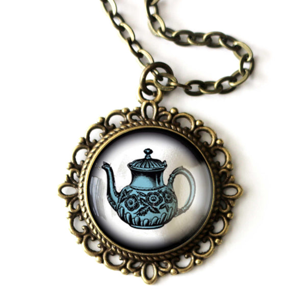 Blue Victorian Teapot Large Pendant Necklace in Ornate Frame