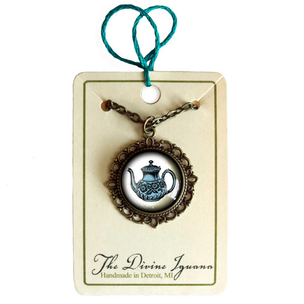 Blue Victorian Teapot Large Pendant Necklace in Ornate Frame