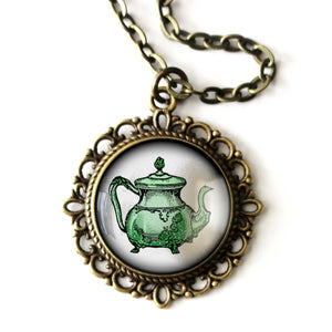 Green Victorian Teapot Large Pendant Necklace in Ornate Frame