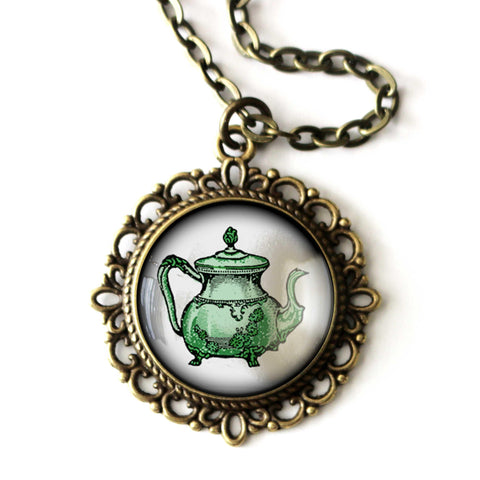 Green Victorian Teapot Large Pendant Necklace in Ornate Frame