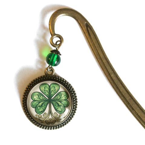Classic Shamrock Glass Cabochon Brass Book Hook / Bookmark